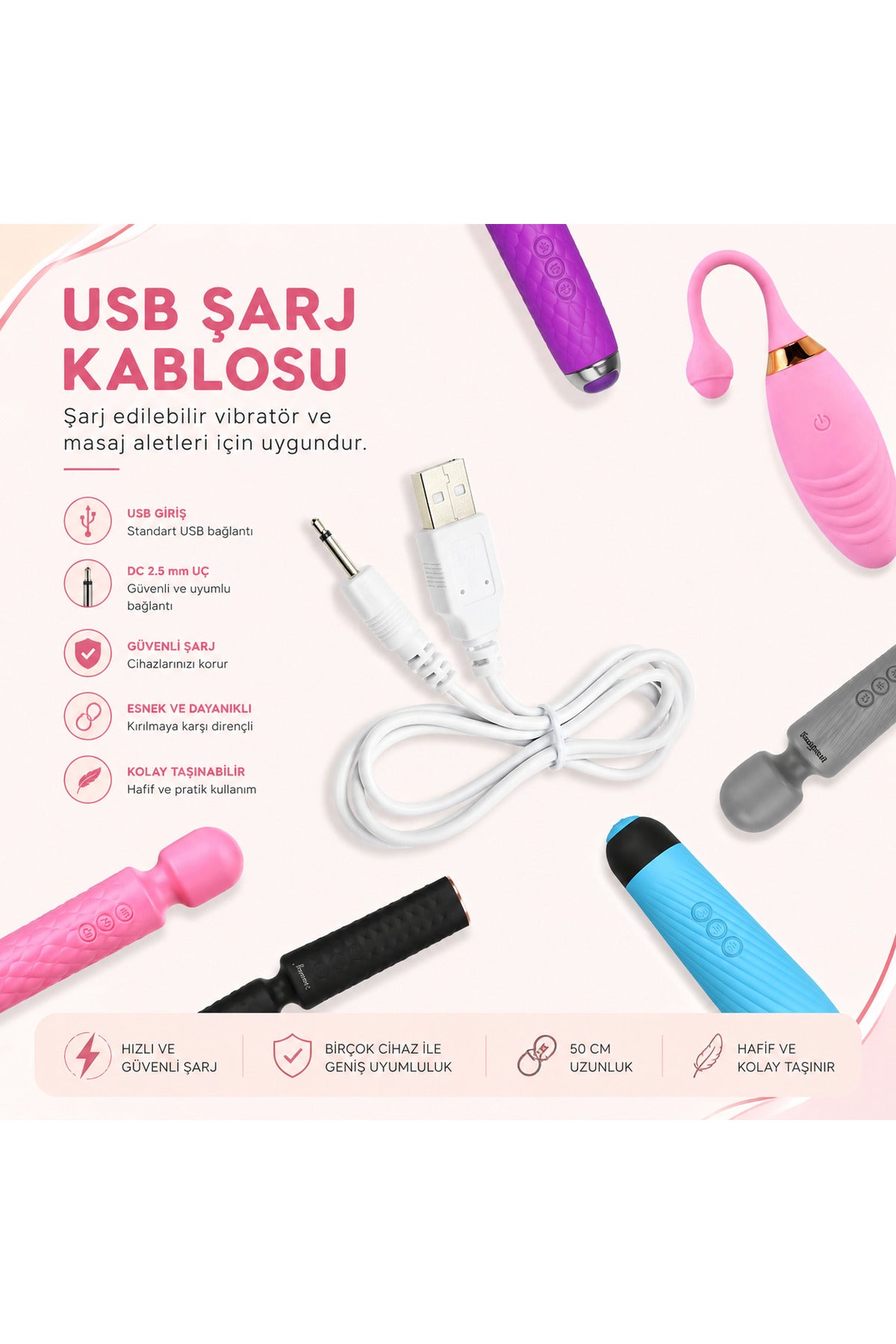 USB DC Şarj Kablosu 50 CM 2.5 mm Uyumlu Vibratör Şarj Kablosu