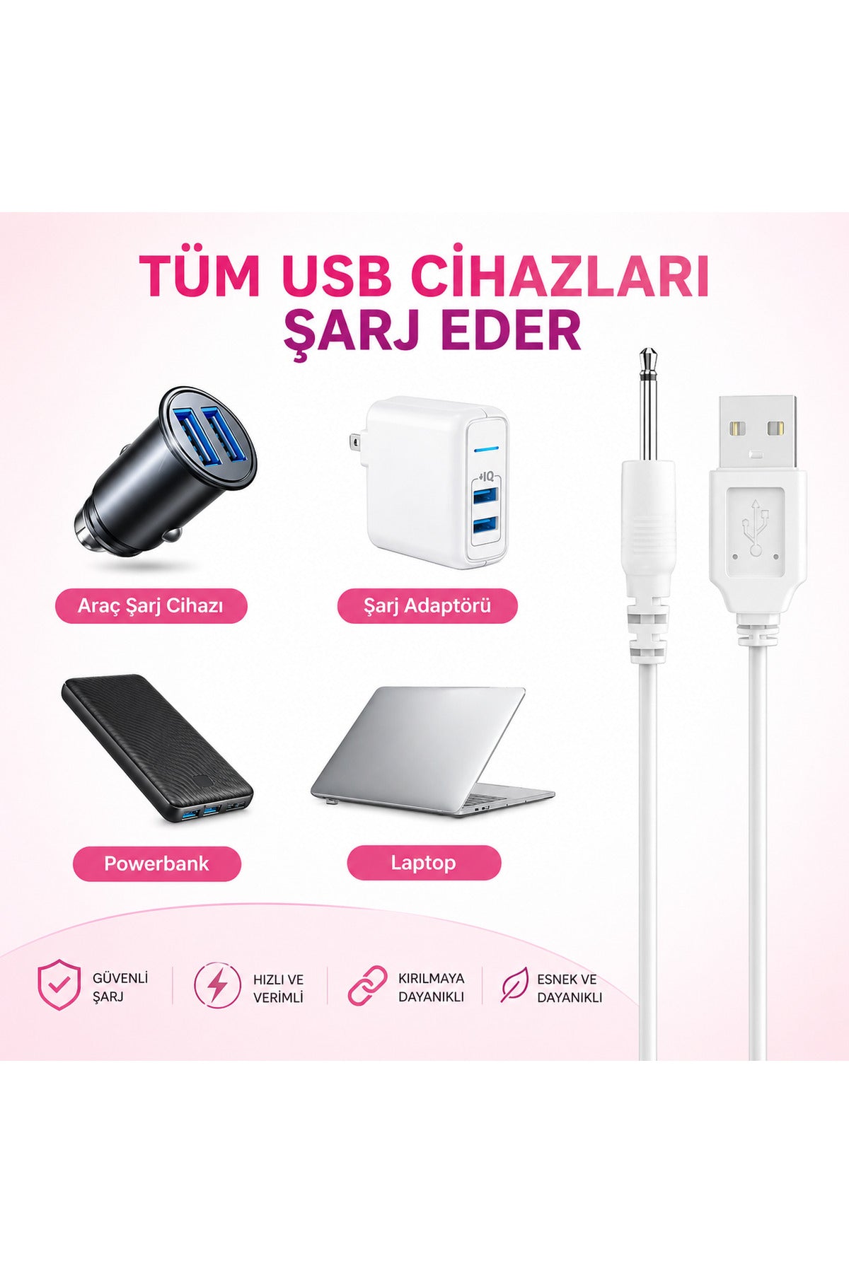 USB DC Şarj Kablosu 50 CM 2.5 mm Uyumlu Vibratör Şarj Kablosu
