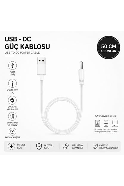 USB DC Şarj Kablosu 50 CM 2.5 mm Uyumlu Vibratör Şarj Kablosu